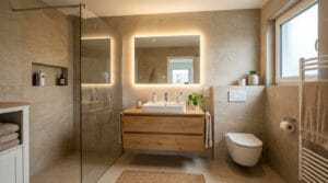 Modernes Badezimmer mit beleuchtetem Spiegel und bodengleicher Dusche gestaltet für neues badezimmer kosten