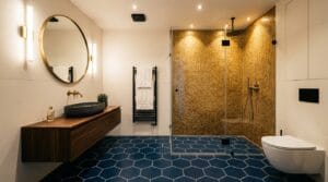 Moderne Badezimmer Fliesen verschönern luxuriöses Designerbad mit goldener Mosaikdusche und stilvollem Ambiente