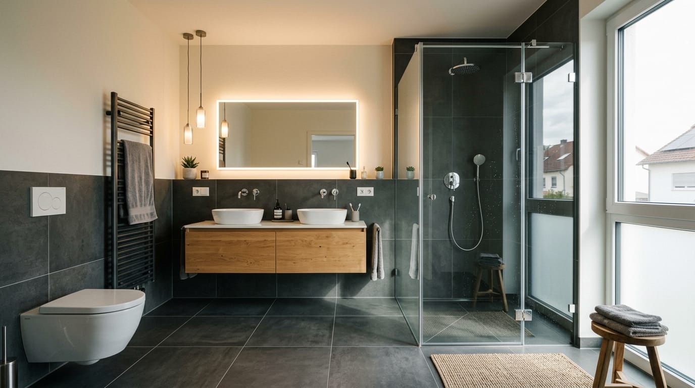 Modernes Badezimmer mit schwarzer Walk-in-Dusche und Doppelwaschtisch gestaltet für neues badezimmer kosten