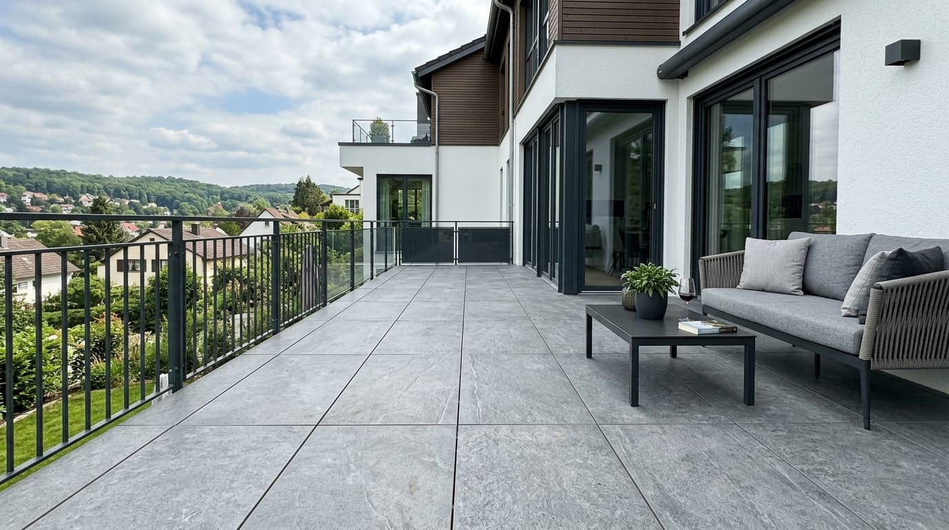 Moderne Terrasse mit großformatigen Bodenfliesen im fliesen außenbereich eines hochwertigen Wohnhauses