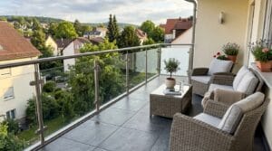 Modern sanierter Balkon mit hochwertigen Outdoor-Fliesen und Loungebereich gestaltet von balkon sanieren firmen