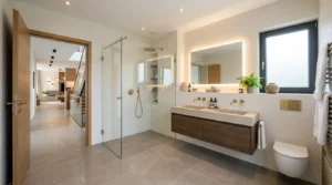 Modernes Badezimmer hochwertig saniert mit stilvollen Fliesen und Förderung Badsanierung