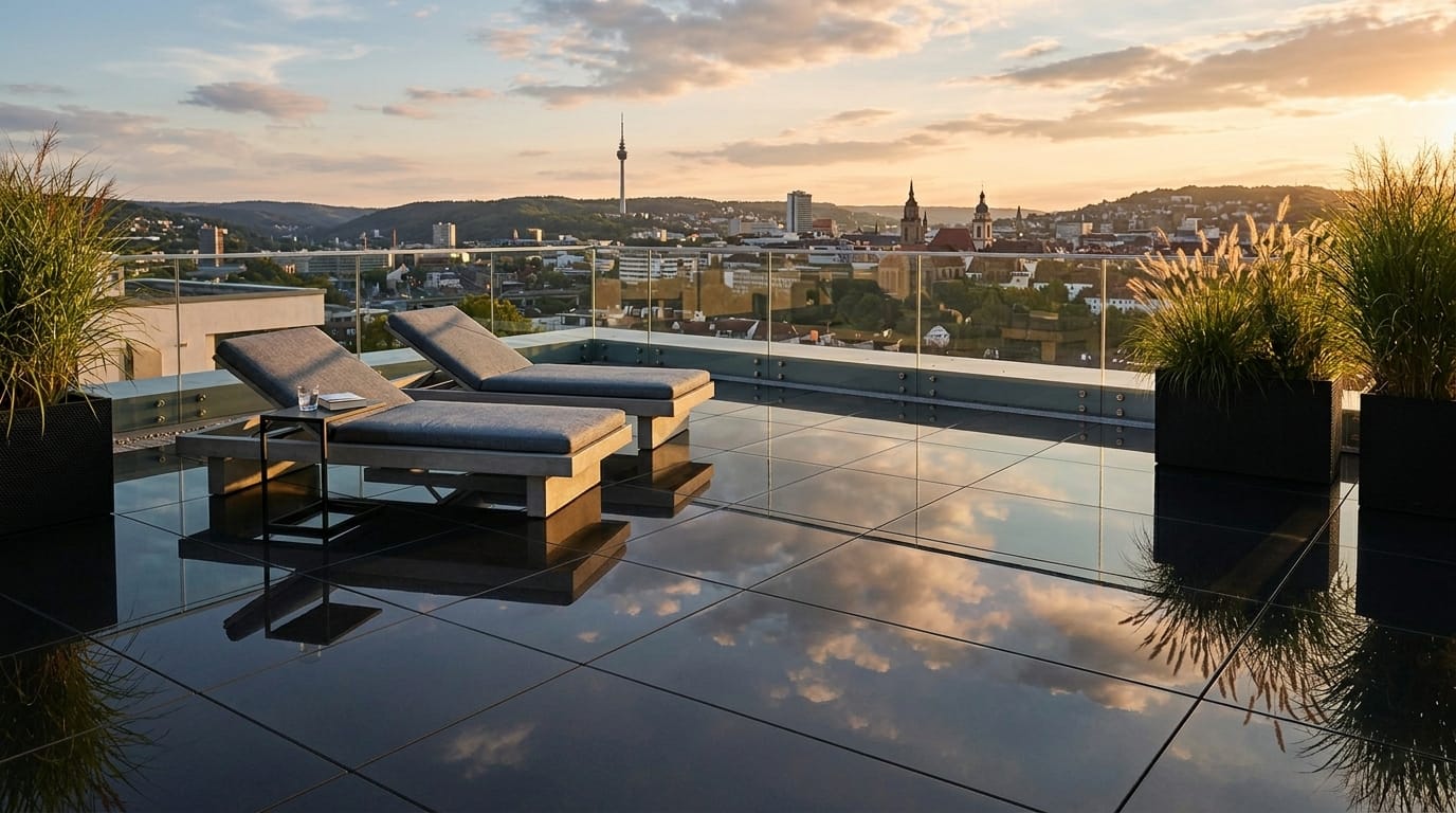 Großformatige Terrassenfliesen verschönern moderne Dachterrasse mit exklusivem Stadtblick und professionellem Verlegen von Terrassenfliesen