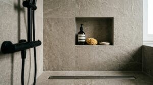 Moderne bodengleiche Dusche mit strukturierter Wandgestaltung und integrierter Nische für Fliesen Dusche
