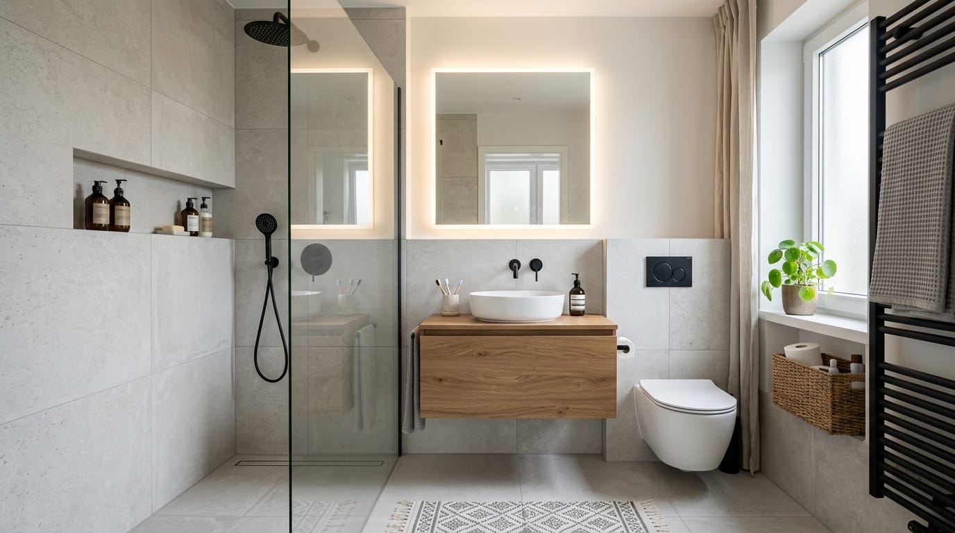 Modernes kleines Badezimmer mit Holzwaschtisch und Glasdusche gestaltet für bad renovieren kosten 6 qm