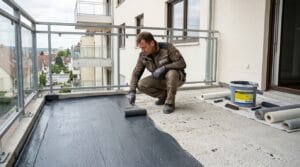Facharbeiter führt professionelle Abdichtung auf Balkonboden durch bei moderner Balkonsanierung Waiblingen