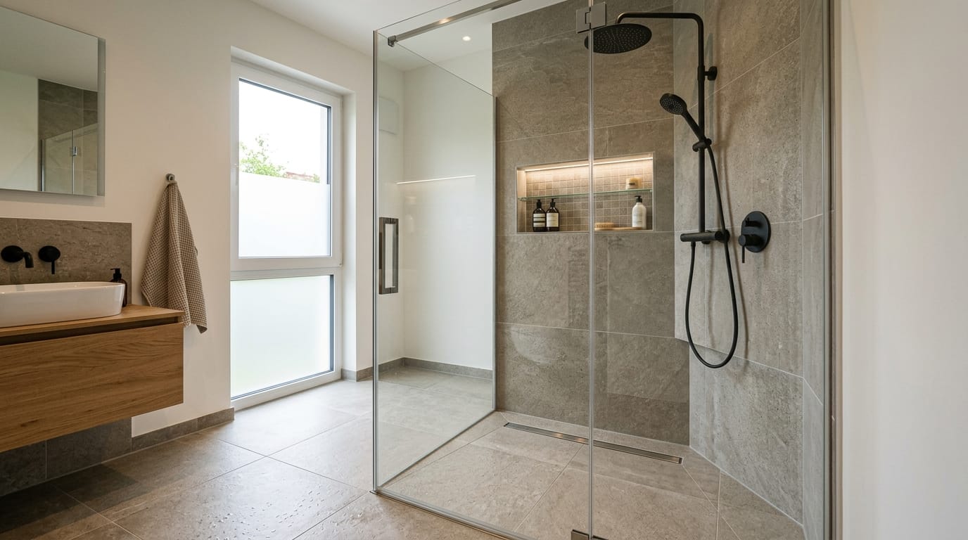 Moderne Walk-in-Dusche mit großformatigen Fliesen im Badezimmer gestaltet mit Fliesen Dusche