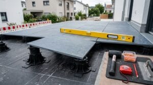 Großformatige Terrassenfliesen werden auf Stelzlagern im Außenbereich fachgerecht verlegt für modernes Verlegen von Terrassenfliesen