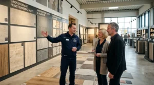 Fliesenexperte erklärt verschiedene Fliesen im Showroom und klärt über Fliesenverlegung Mythen auf
