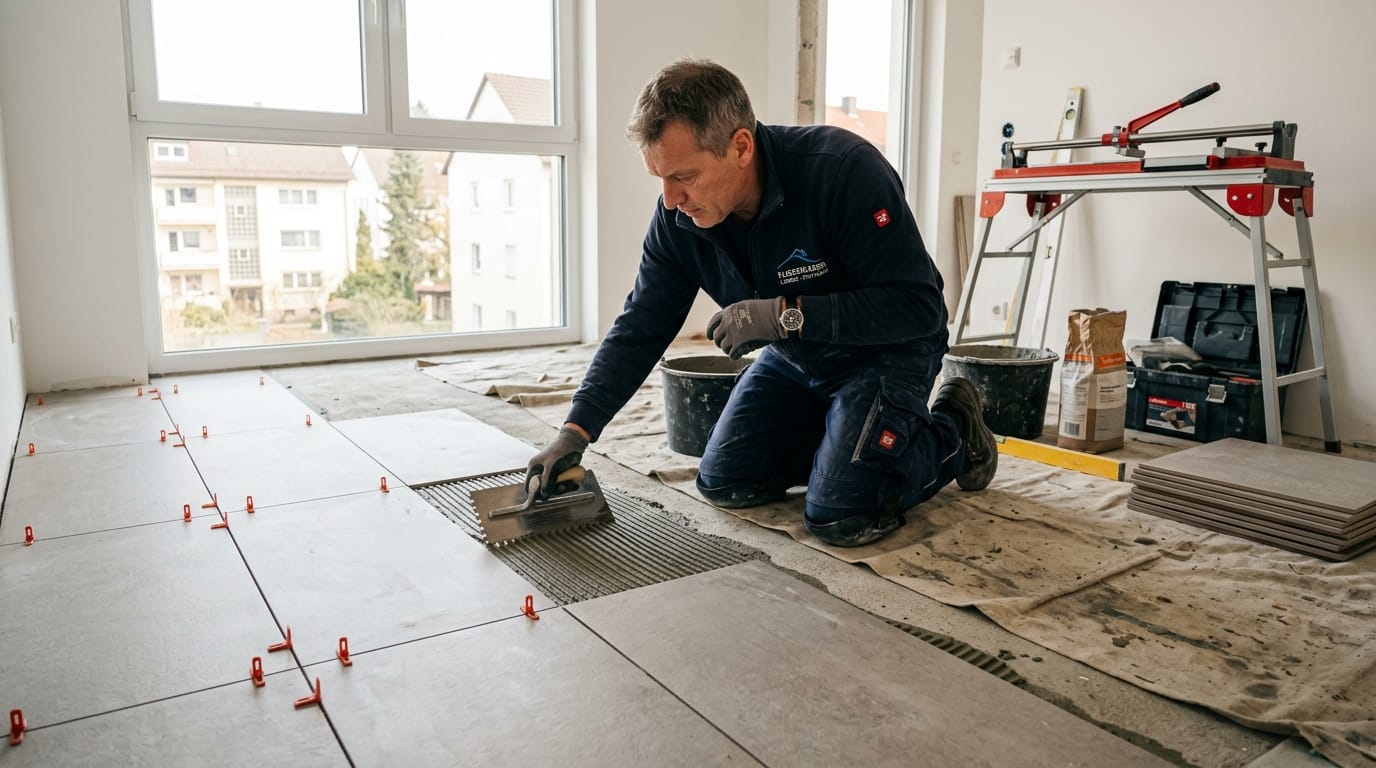 Fliesenleger verlegt moderne Bodenfliesen im Neubau mit Fokus auf Kosten Fliesenleger und präzise Verarbeitung