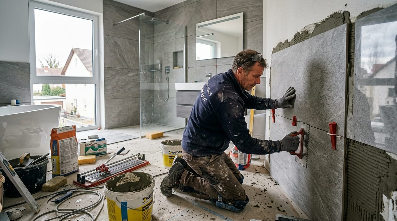 Fliesenleger installiert großformatige Wandfliesen im modernen Badezimmer bei hochwertiger Renovierung und fliesenleger beauftragen
