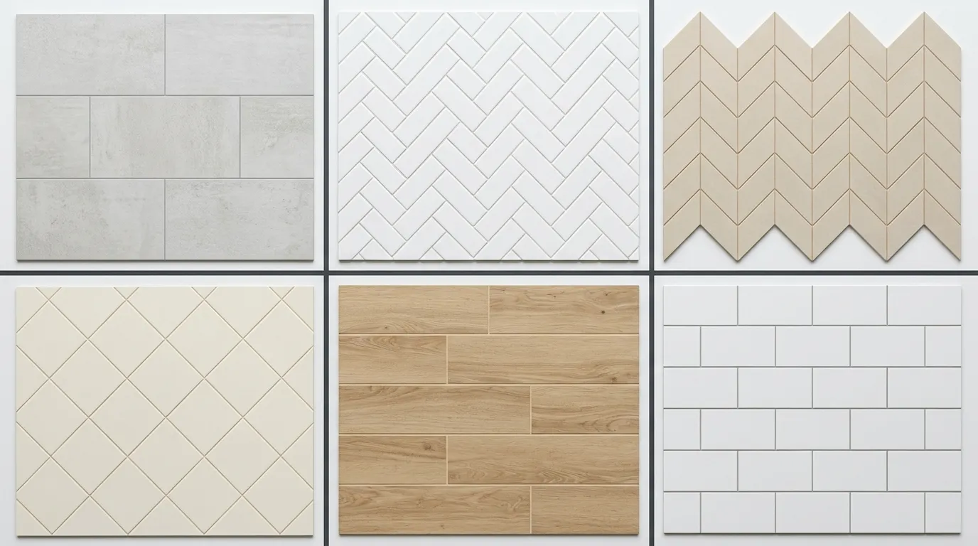 Verschiedene moderne Fliesenverlegemuster übersichtlich präsentiert zur Inspiration für Wand und Boden