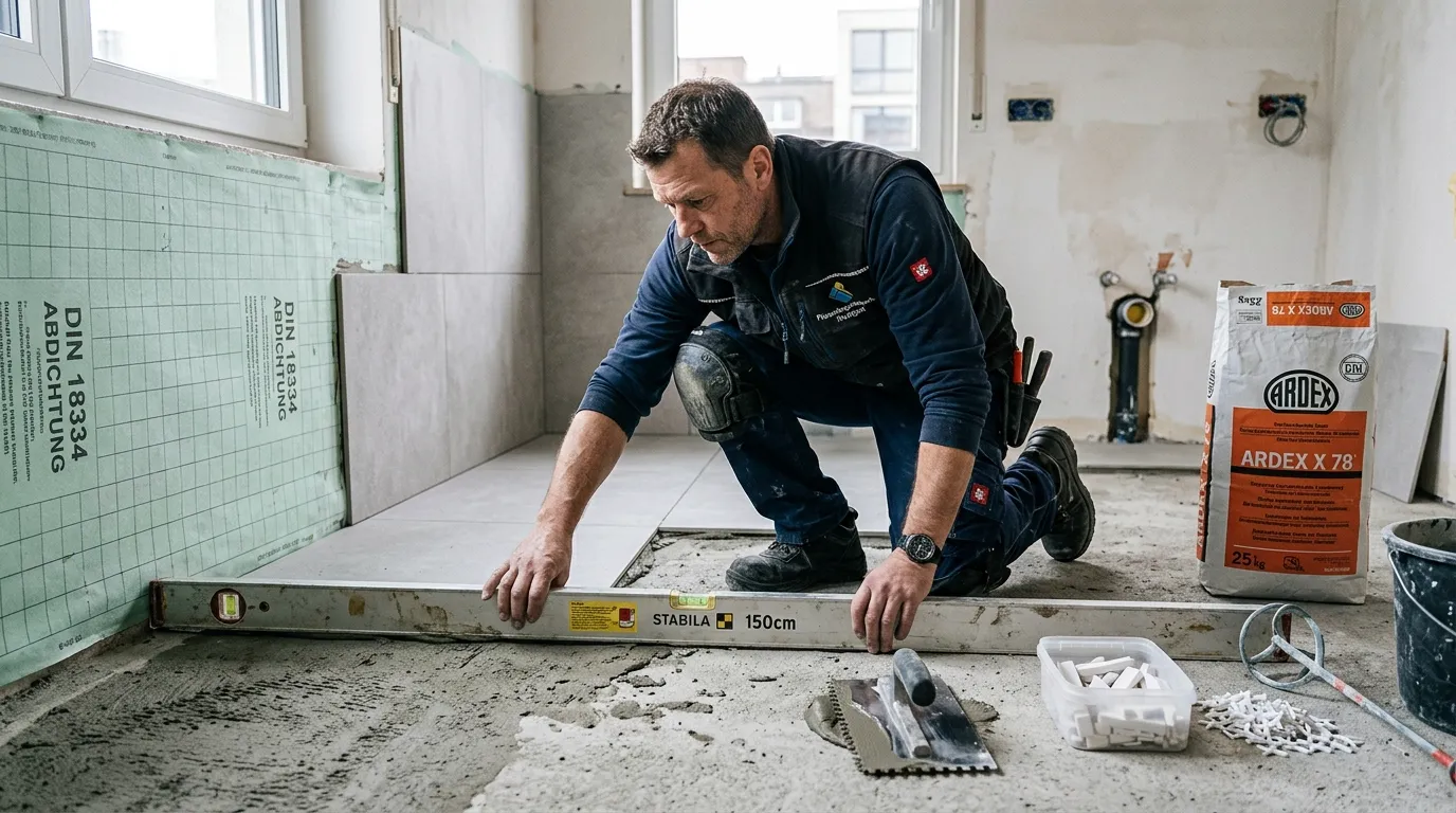 Fliesenleger prüft den Untergrund bei der Fliesenverlegung im Badezimmer gegen Fliesenverlegung Mythen