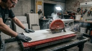 Fliesenleger schneidet Feinsteinzeugfliesen präzise in der Werkstatt zur Vermeidung von Fehler beim Fliesenlegen