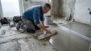 Fliesenleger gleicht Untergrund professionell im Innenbereich aus zur Vermeidung von Fehler beim Fliesenlegen