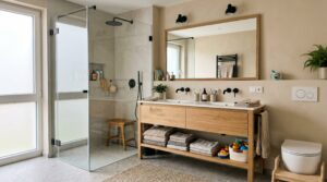 Modern family bathroom with walk-in shower, wooden vanity and practical bathroom renovation ideas for small bathrooms in Stuttgart