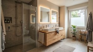 Modernes Familienbadezimmer in Stuttgart mit Dusche und Doppelwaschtisch – kostet eine Badsanierung für hochwertige Badezimmer Renovierung￼