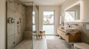 Modernes Familienbad nach Renovierung in Stuttgart – kostet eine Badsanierung für ein luxuriöses Badezimmer mit begehbarer Dusche und Holzwaschtisch