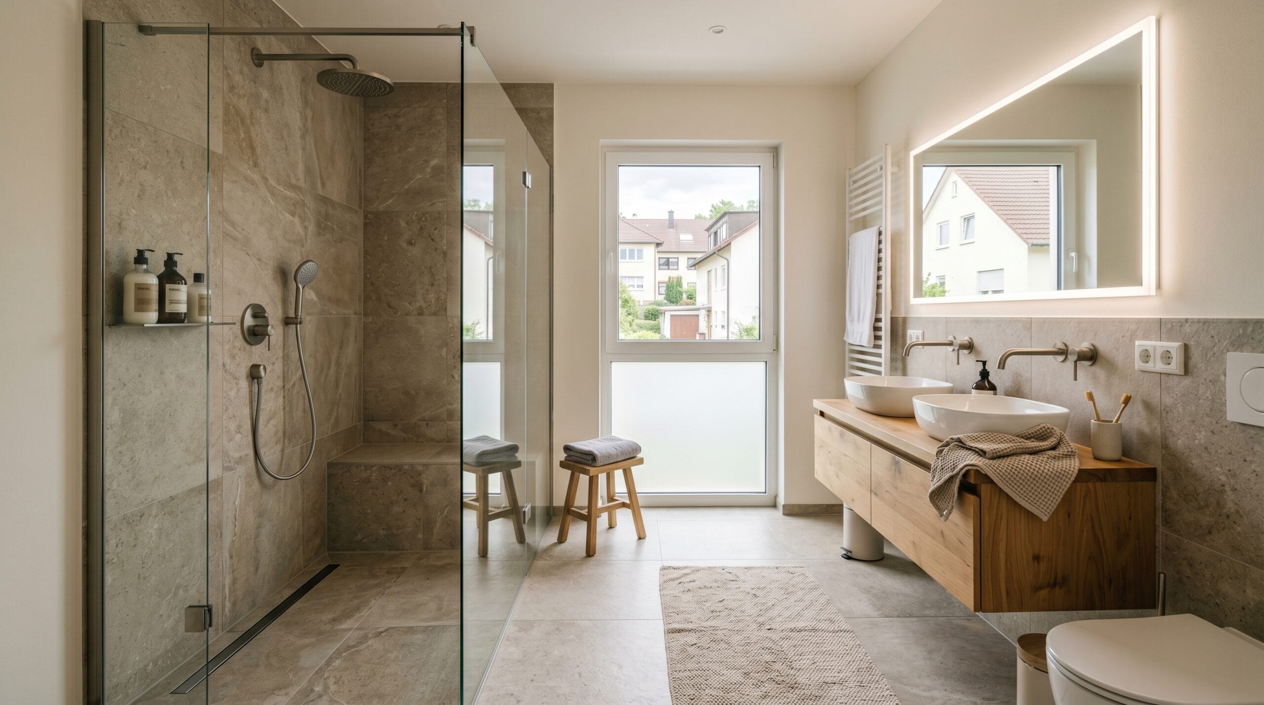 Modernes Familienbad nach Renovierung in Stuttgart – kostet eine Badsanierung für ein luxuriöses Badezimmer mit begehbarer Dusche und Holzwaschtisch