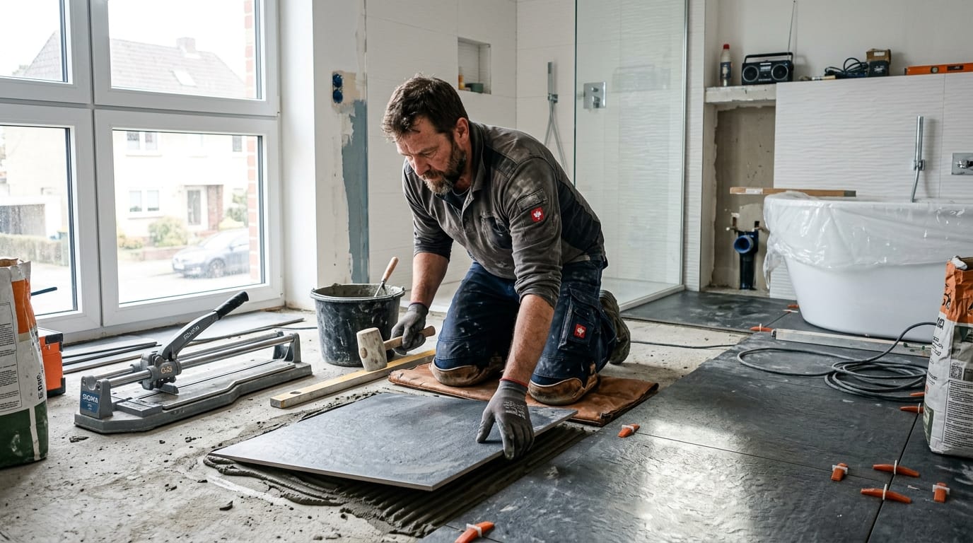 Fliesenleger verlegt große Bodenfliesen bei moderner Badezimmersanierung zum Thema Gehalt Fliesenleger