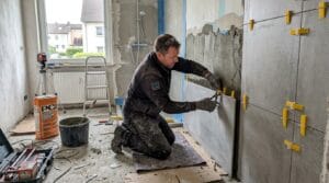 Fliesenleger installiert moderne Großformatfliesen bei hochwertiger Badezimmersanierung im Innenbereich