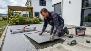 Fliesenleger verlegt großformatige Terrassenfliesen im modernen fliesen außenbereich eines Wohnhauses