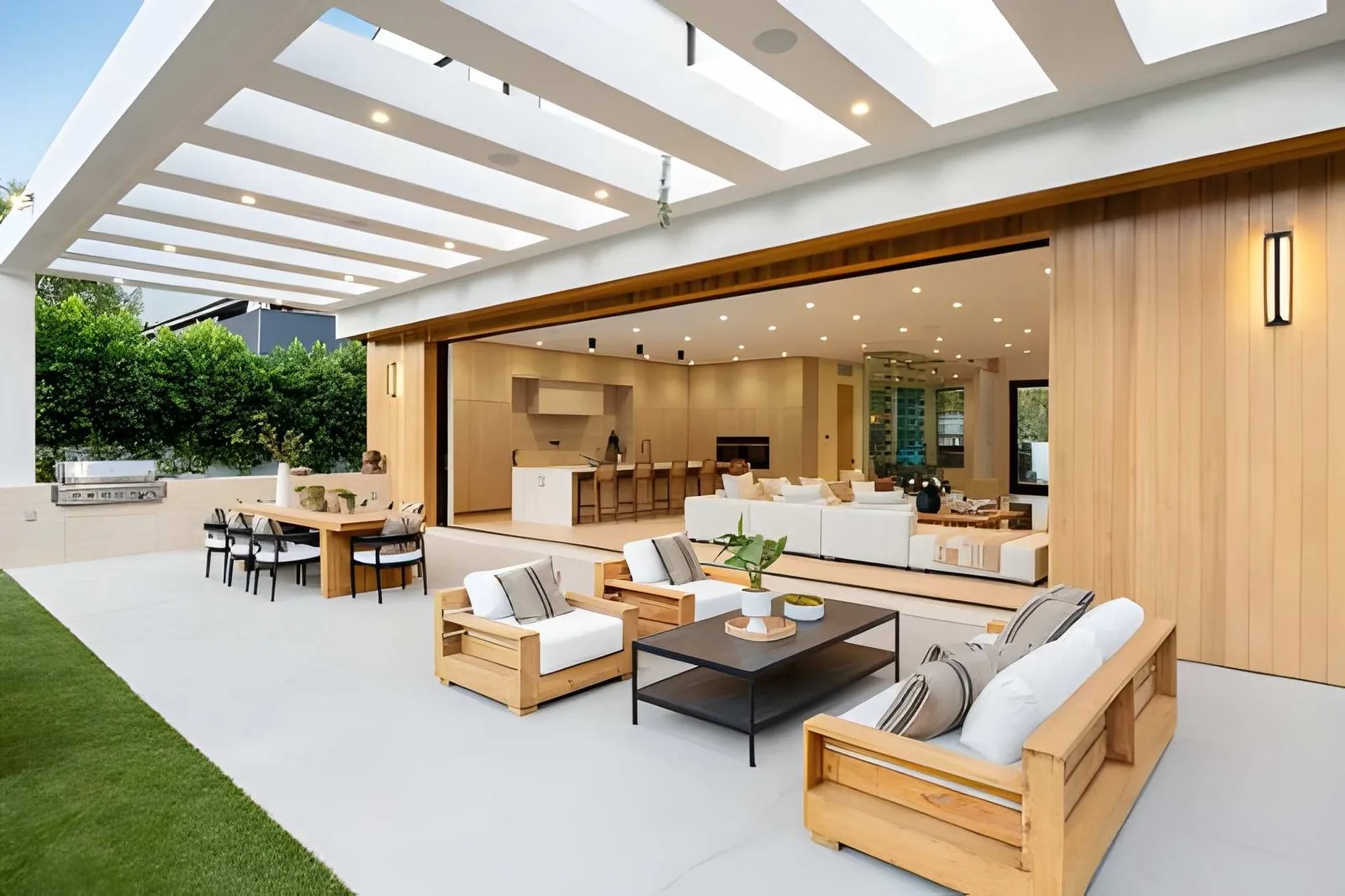 Moderner Balkon mit stilvollen Fliesen Außenbereich, komfortable Sitzmöbel und helle Terrasse, perfekte Außengestaltung