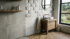 Modernes Badezimmer mit stilvollen Fliesenmuster und -designs, inklusive geometrischer und hexagonaler Muster, Holz- und Natursteinoptik.