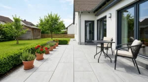 Helle Terrassenplatten verlegt auf moderner Gartenterrasse bei Terrassensanierung Waiblingen