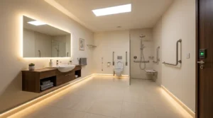 Barrierefreies Badezimmer ausgestattet mit ebenerdiger Dusche, Haltegriffen und großzügiger Bewegungsfläche im Barrierefreies Bad Stuttgart