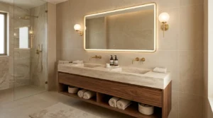 Modernes Doppelwaschbecken integriert in ein hochwertiges Badezimmer mit Walk-in-Dusche und Natursteinoptik im Doppelwaschbecken Badezimmer