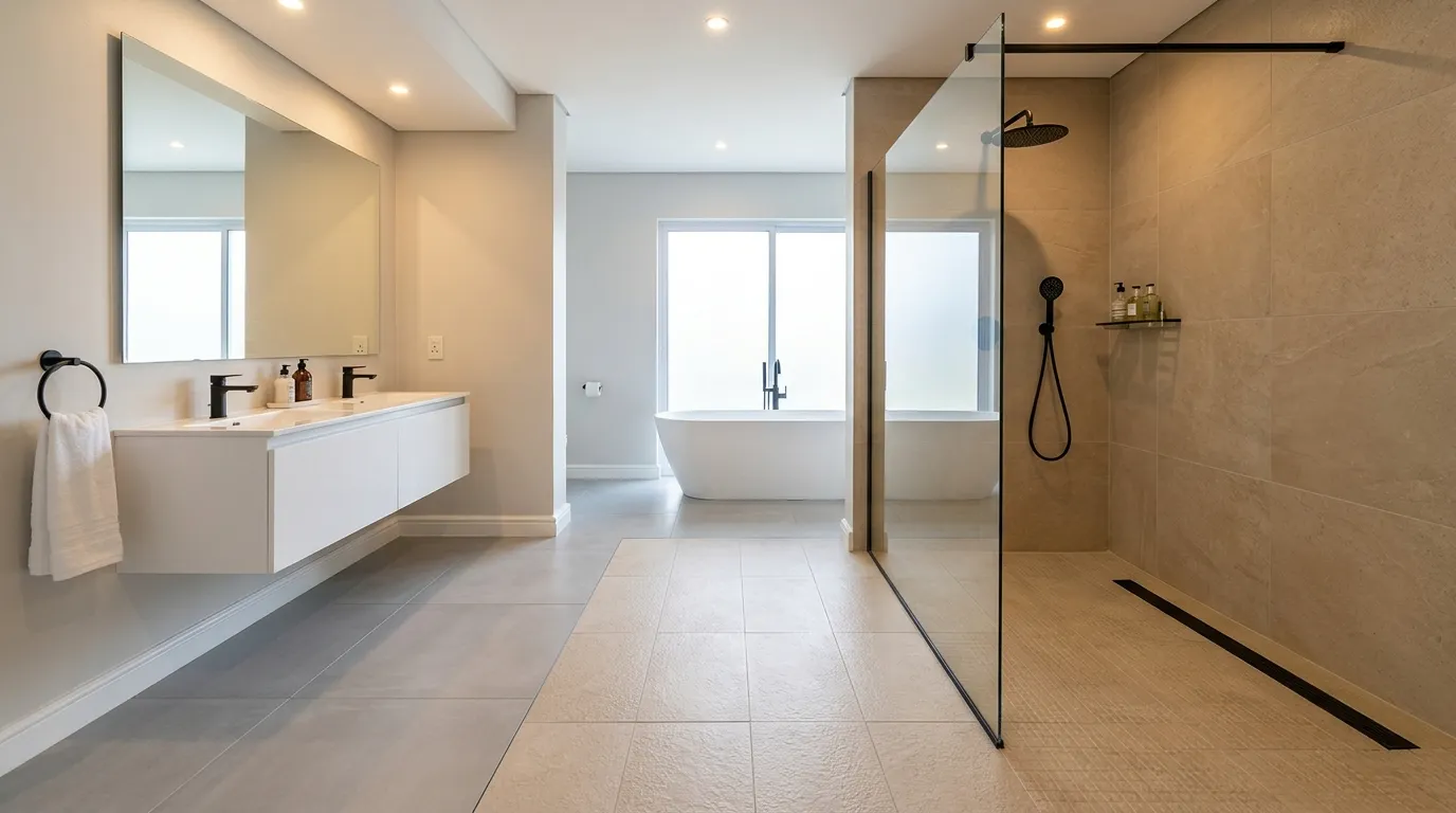 Rutschhemmende Fliesen verlegt im Duschbereich eines modernen Badezimmers mit bodengleicher Walk-in-Dusche