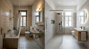 Altbau-Badezimmer modernisiert durch umfassende Sanierung mit bodengleicher Dusche und zeitgemäßem Design in Stuttgart
