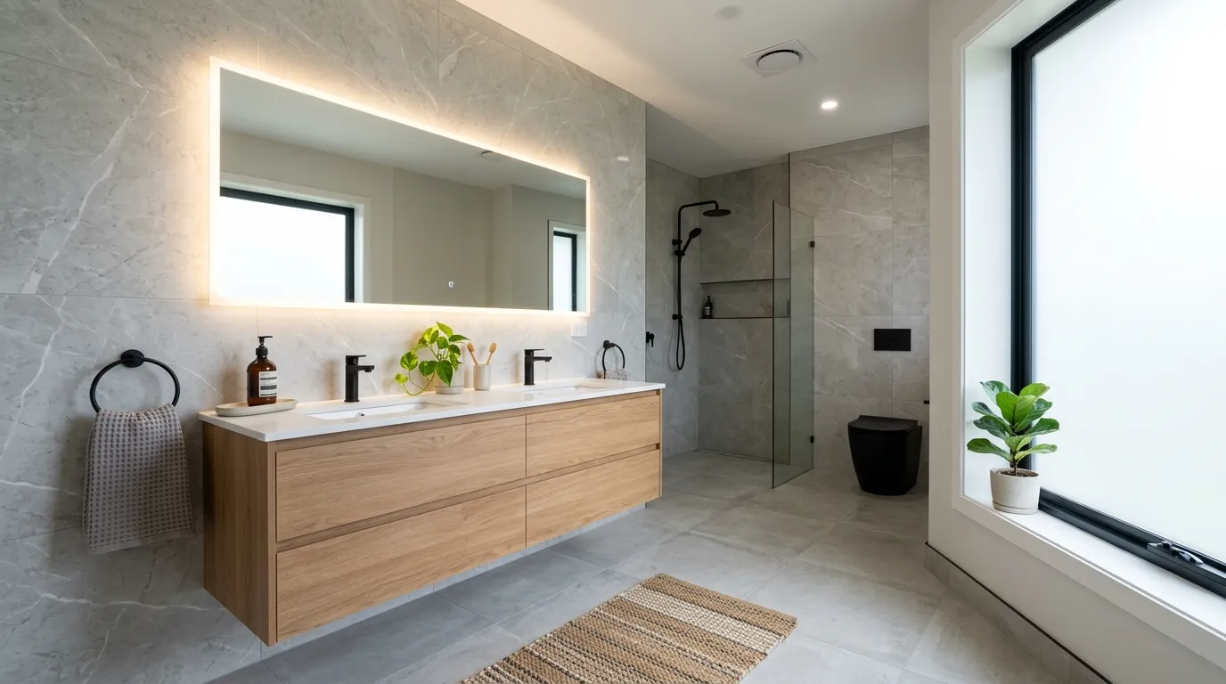 Modernes Doppelwaschbecken installiert in einem stilvollen Badezimmer mit Walk-in-Dusche und großformatigen Fliesen