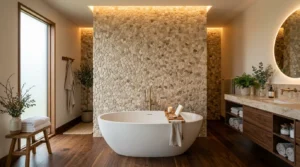 Naturstein-Mosaikfliesen verlegt als dekorative Akzentwand in einem luxuriösen Badezimmer mit freistehender Badewanne