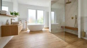 Modernes Badezimmer zeigt Holzoptik Fliesen als pflegeleichte Alternative im Vergleich Holzoptik Fliesen vs Parkett