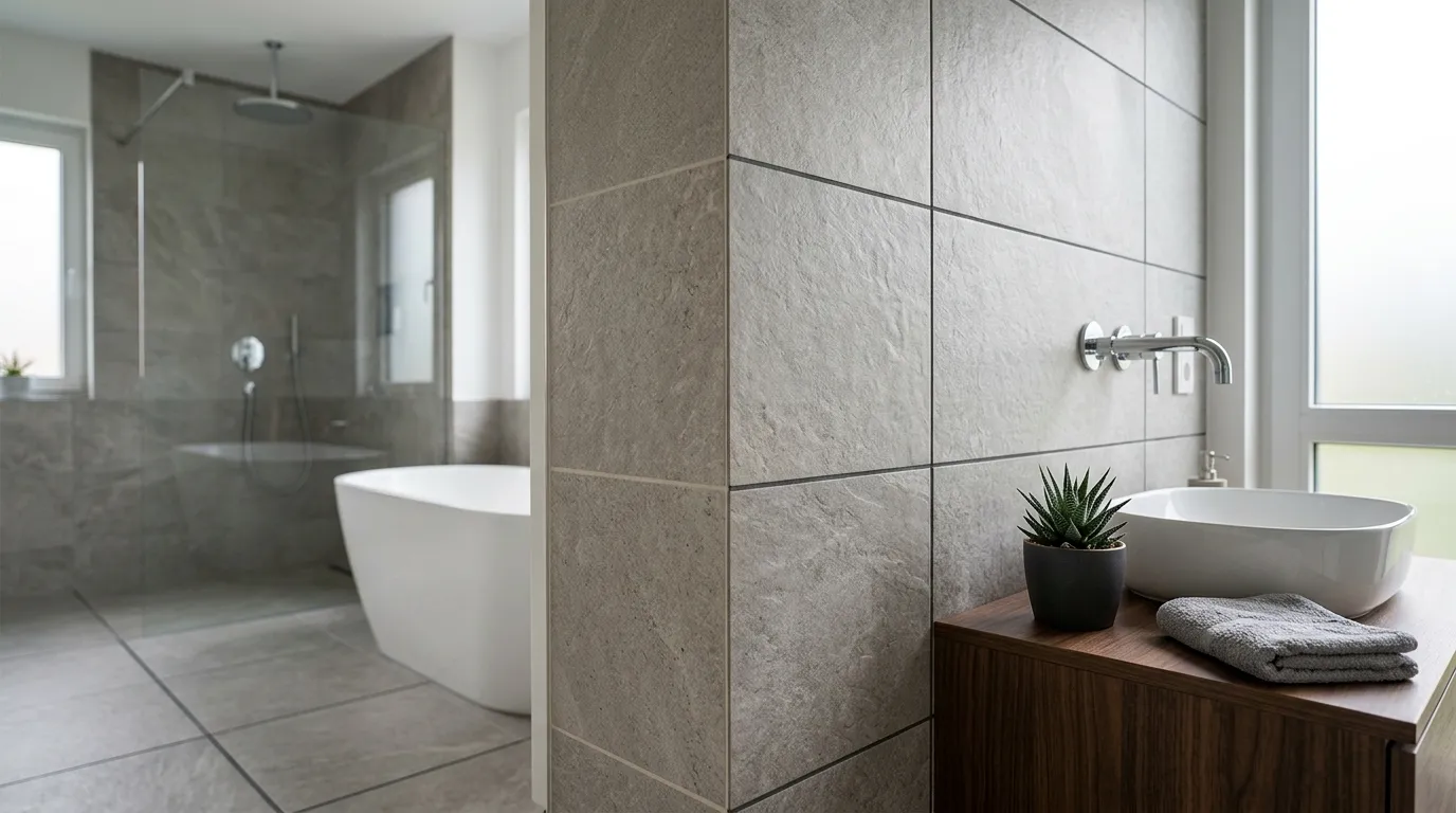 Modern Badezimmer mit grauen Wandfliesen und abgestimmter Fugenfarbe für eine harmonische Raumgestaltung – fliesen fugenfarbe