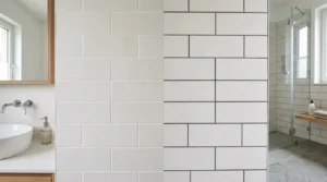 Weiße Wandfliesen mit unterschiedlichen Fugenfarben im Badezimmer zur Gestaltungsidee dargestellt – fliesen fugenfarbe