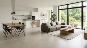 Rektifizierte Fliesen verlegt im offenen Wohn- und Essbereich eines modernen Hauses mit großzügigen Fensterflächen