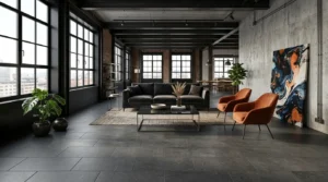 Dunkle Großformatfliesen schaffen ein modernes Loft-Ambiente im offenen Wohnbereich mit Fliesen für Wohnzimmer