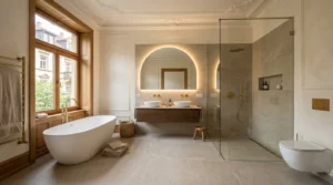 Modernes Altbau-Bad saniert mit freistehender Badewanne, Walk-in-Dusche und hochwertiger Fliesengestaltung in Stuttgart