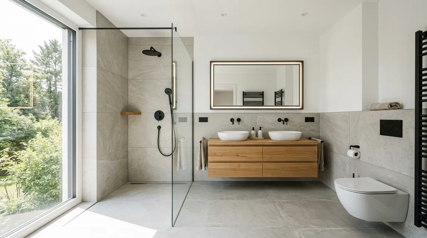 Moderne Walk-in-Dusche integriert im großzügigen Nassbereich Badezimmer mit großformatigen Fliesen und natürlichem Tageslicht