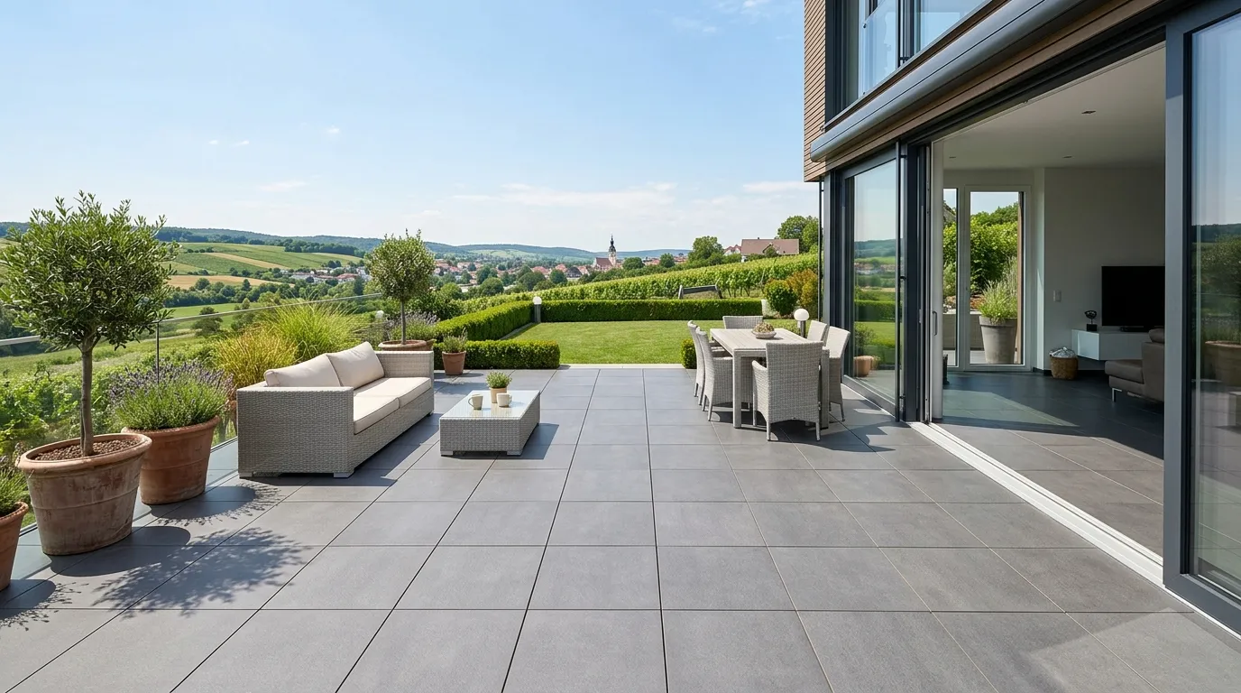 Großformatige Feinsteinzeugplatten verlegt auf moderner Terrasse bei Terrassensanierung Waiblingen