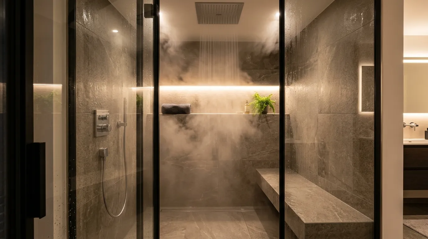 Moderne Dampfdusche erzeugt entspannendes Wellness-Erlebnis im luxuriösen Badezimmer – Dampfdusche oder normale Dusche