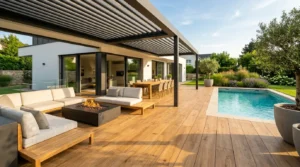 Großformatige Holzoptik-Außenfliesen auf moderner Poolterrasse verlegt im Gartenbereich mit außenfliesen frostsicher