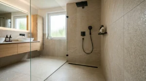 Bodengleiche Dusche integriert im modernen Nassbereich Badezimmer mit großformatigen Fliesen und barrierefreiem Design