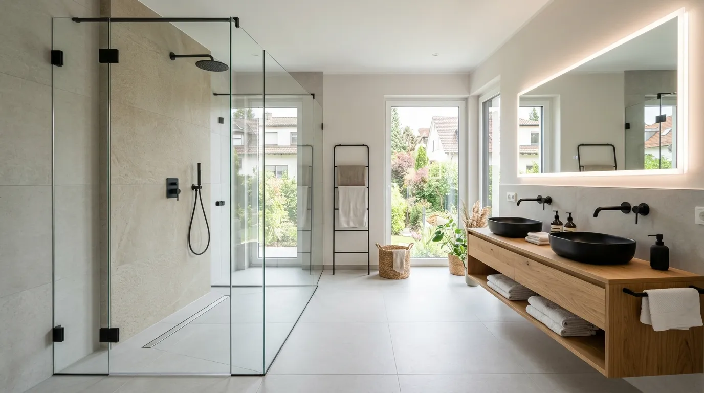 Moderne Walk-in-Dusche geplant in einem großzügigen Designbad mit bodengleicher Dusche und hellen Großformatfliesen in Stuttgart