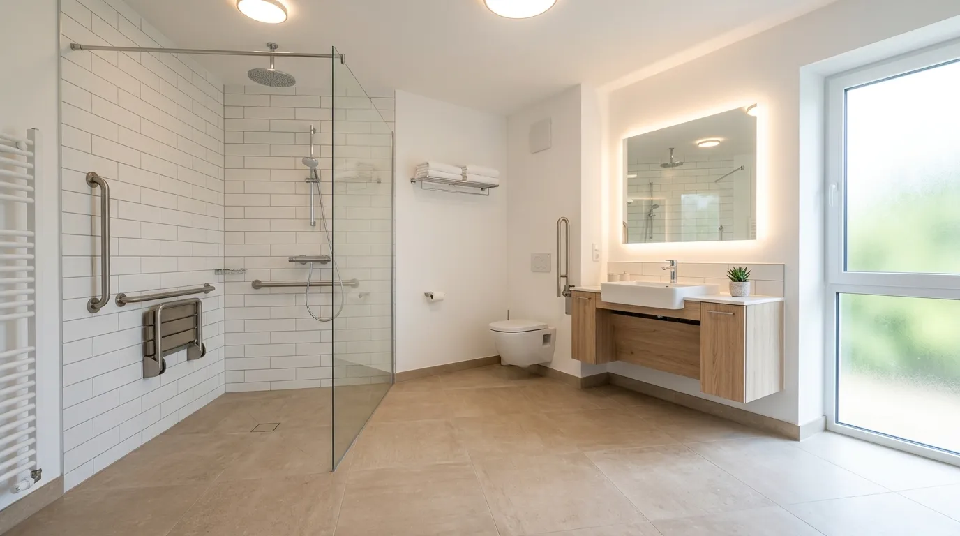 Barrierefreies Badezimmer ausgestattet mit bodengleicher Dusche und Haltegriffen im modernen Barrierefreies Bad Stuttgart