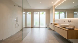 Moderne Walk-in-Dusche geplant in einem großzügigen Badezimmer mit bodengleichem Duschbereich und minimalistischer Gestaltung in Stuttgart