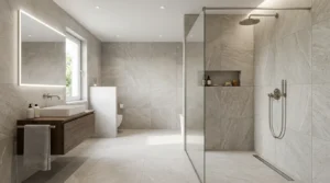 Moderne Walk-in-Dusche integriert in ein helles Designbad mit großformatigen Fliesen und offenem Raumkonzept in Stuttgart